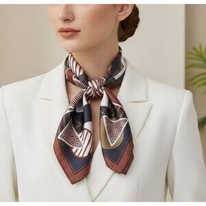 ⭐Geometric Square Scarf Brown Silky Neck Wrap Retro Abstract Accessory Hijab New